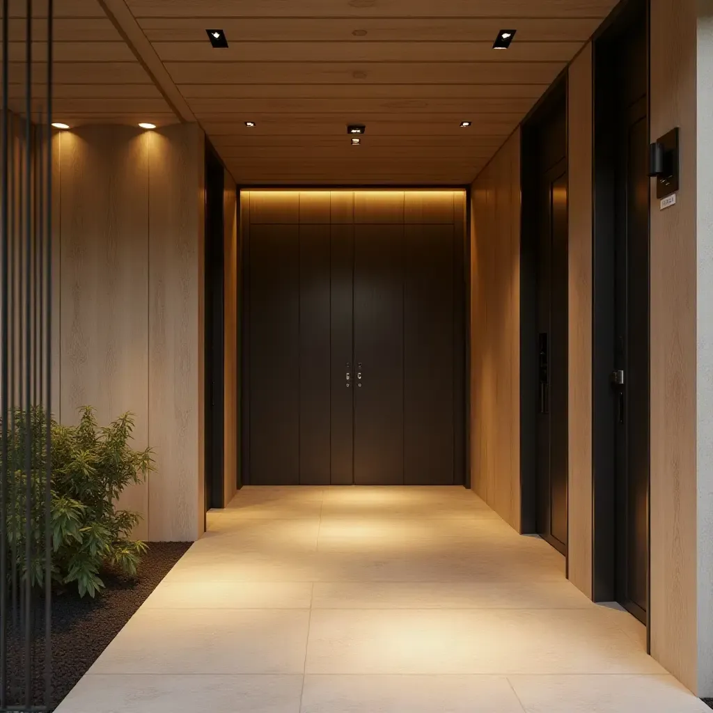 a photo of a stylish entrance with a mix of textures and warm lighting