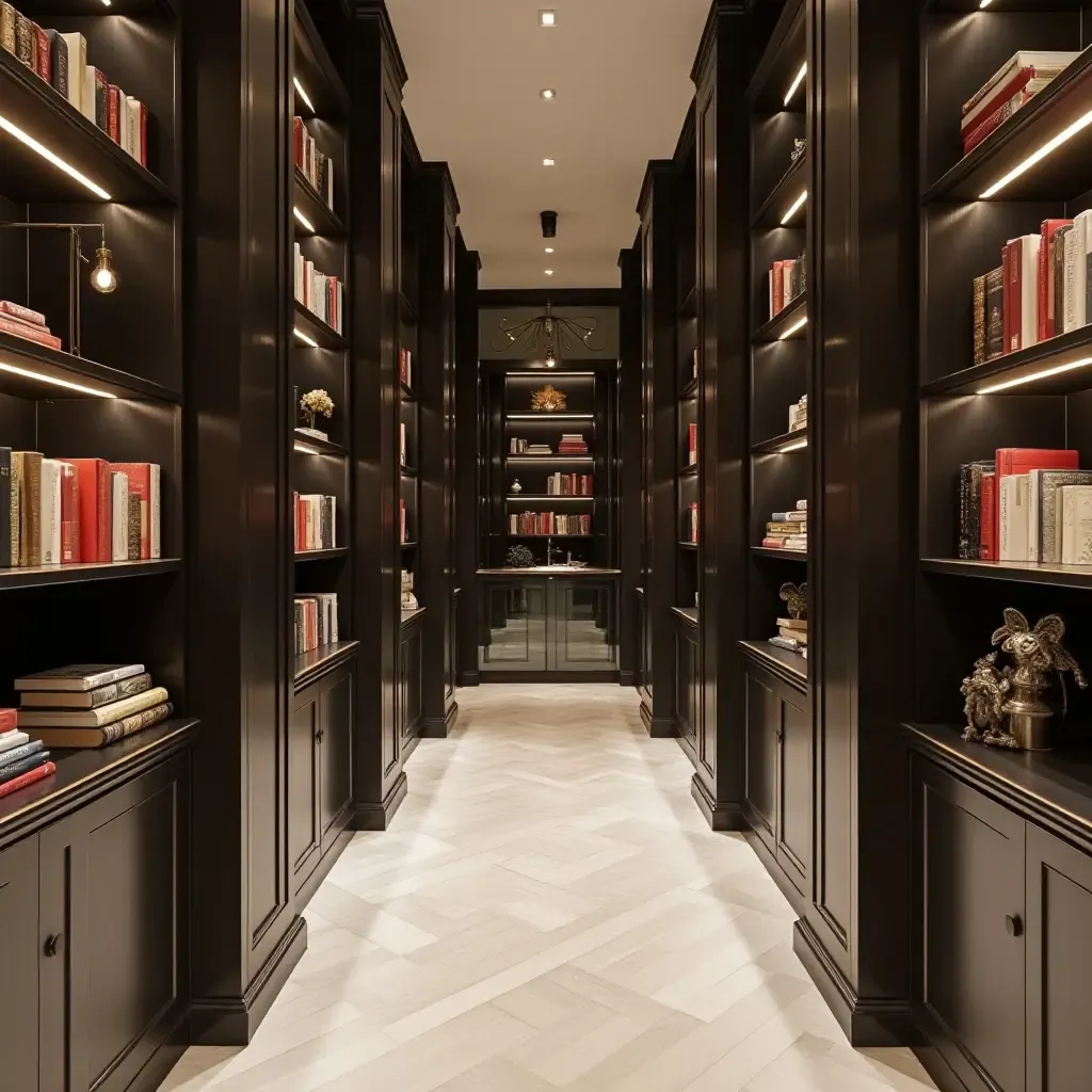 a photo of a stylish library with mirrored wall panels