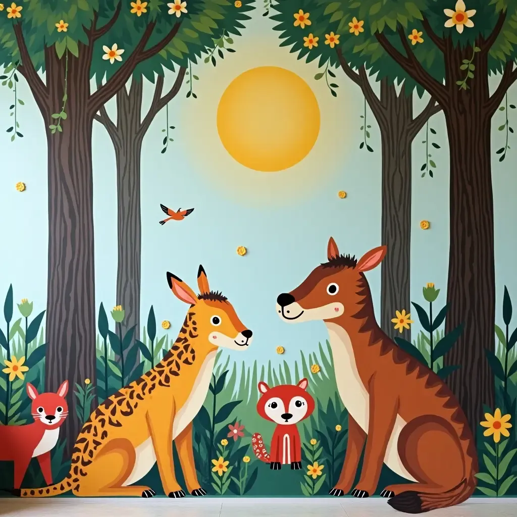 a photo of a whimsical forest mural with colorful animals