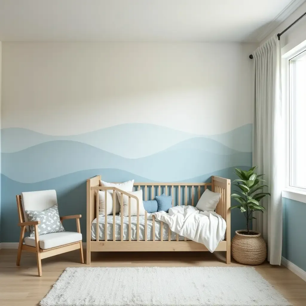 a photo of a nursery decorated in ocean blue and sandy beige