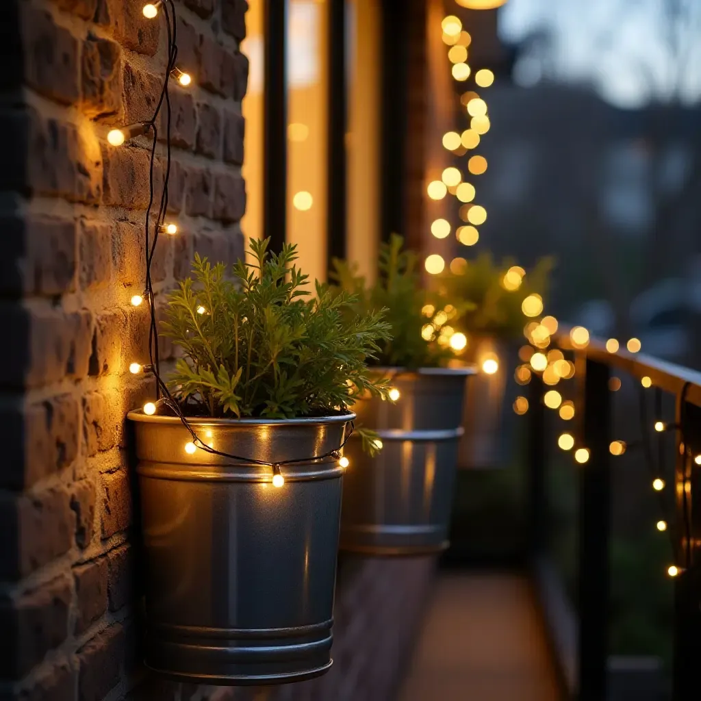 a photo of a balcony adorned with metallic wall planters and fairy lights