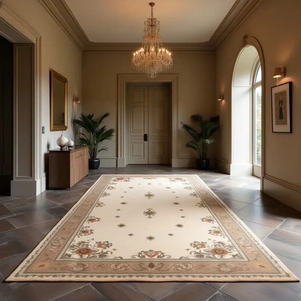 a photo of a luxurious silk rug in an elegant foyer setting