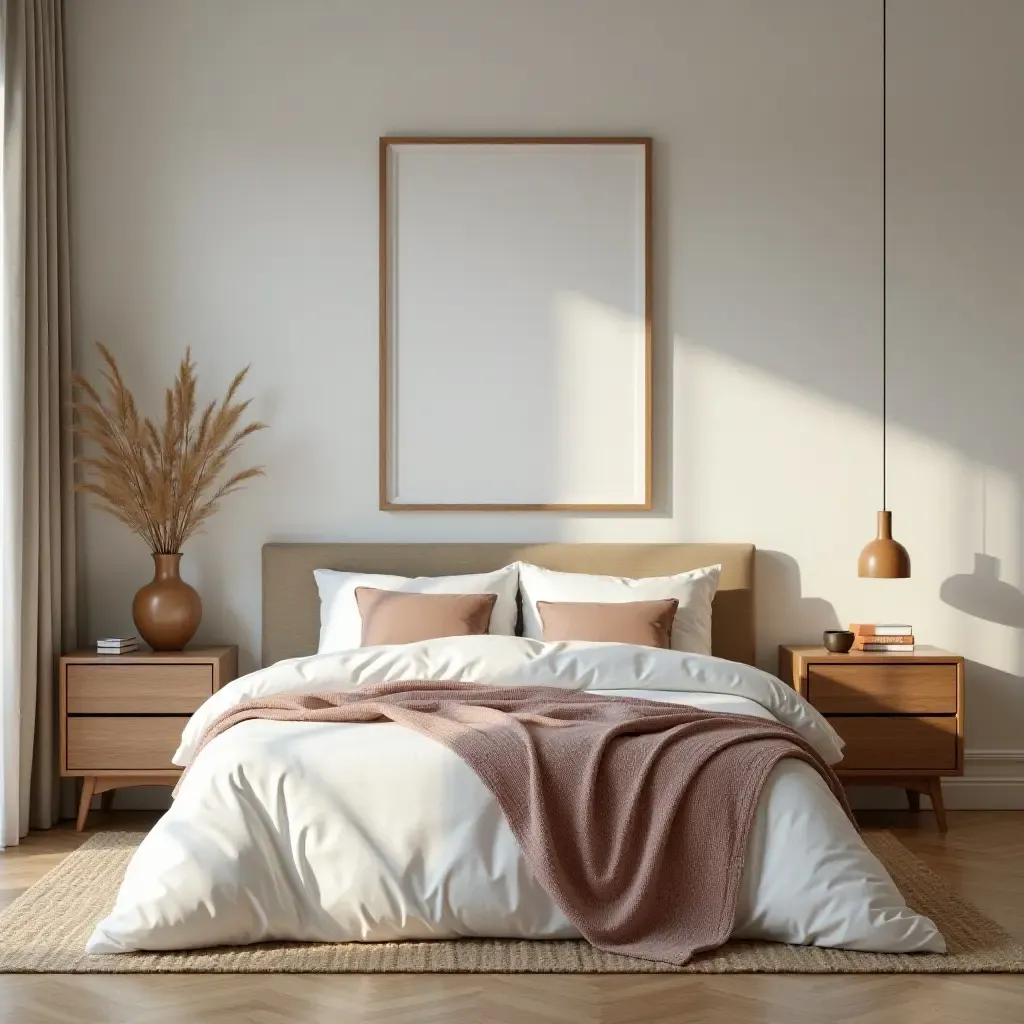 a photo of a cozy bedroom with wooden accessories and decor