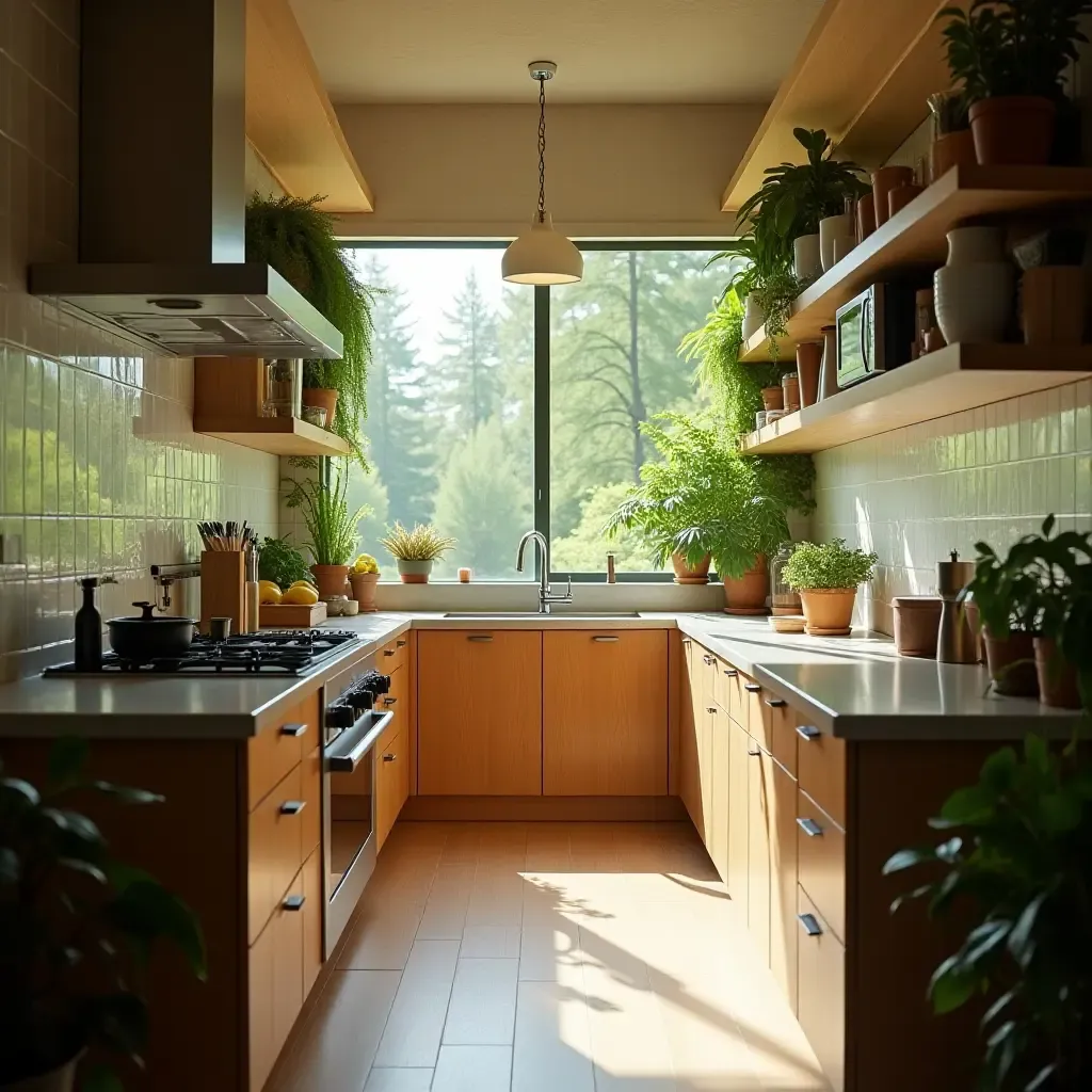 a photo of a kitchen filled with natural light and greenery