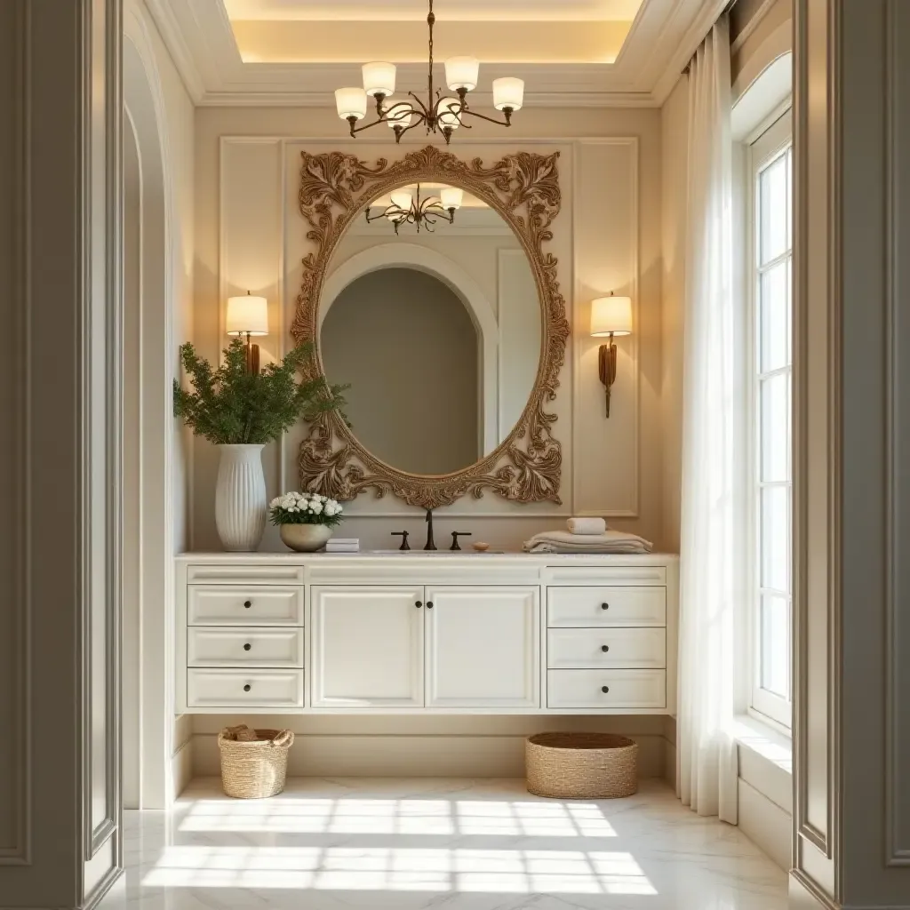 a photo of a luxurious bathroom with a large, ornate mirror and bright accents