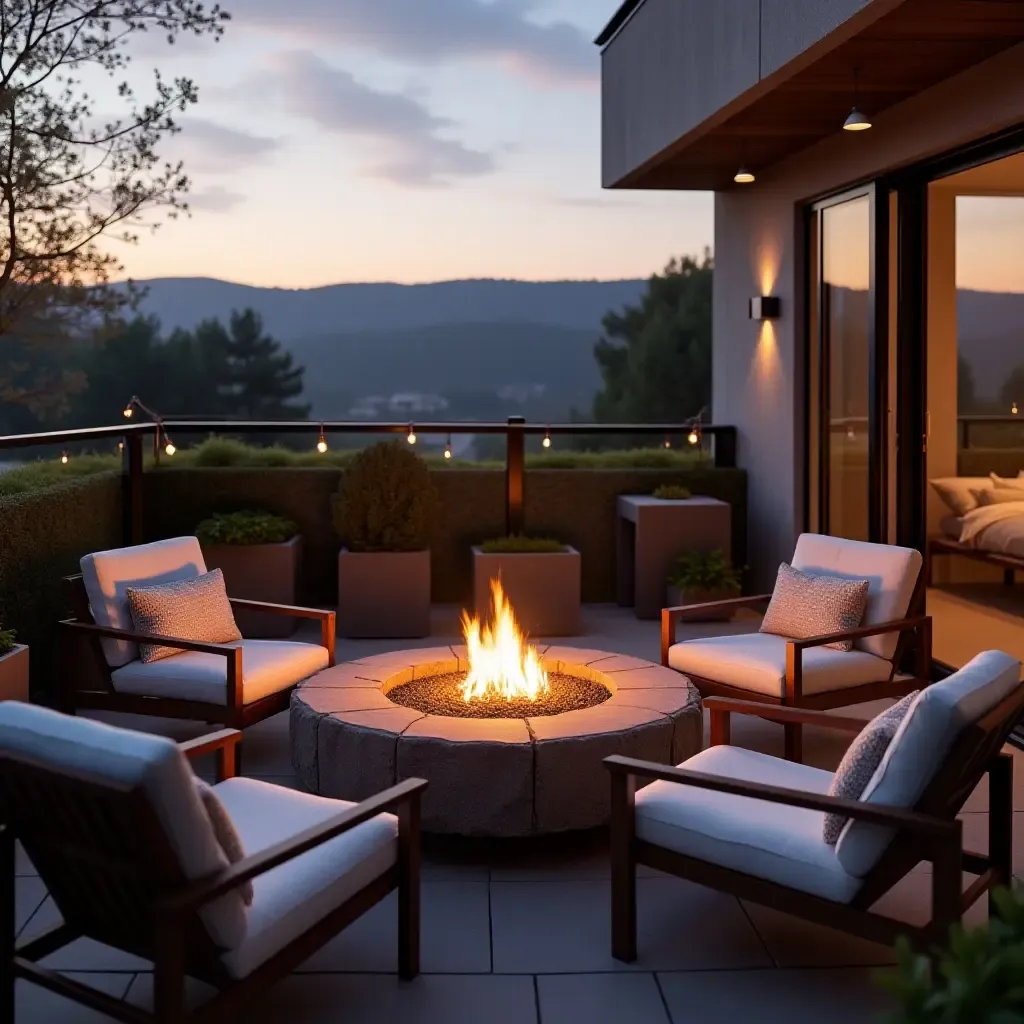 a photo of a balcony with a fire pit and cozy lounge chairs