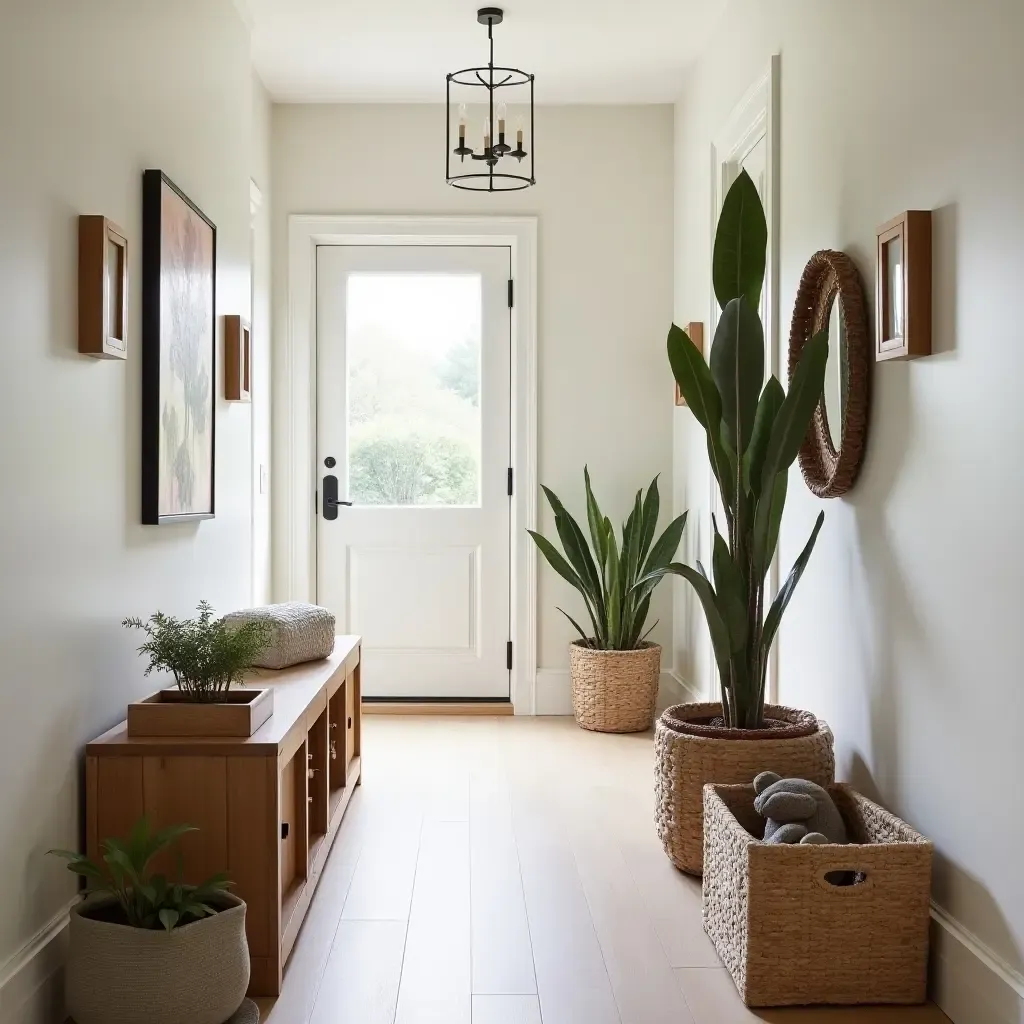 a photo of a chic hallway with decorative storage baskets and plants