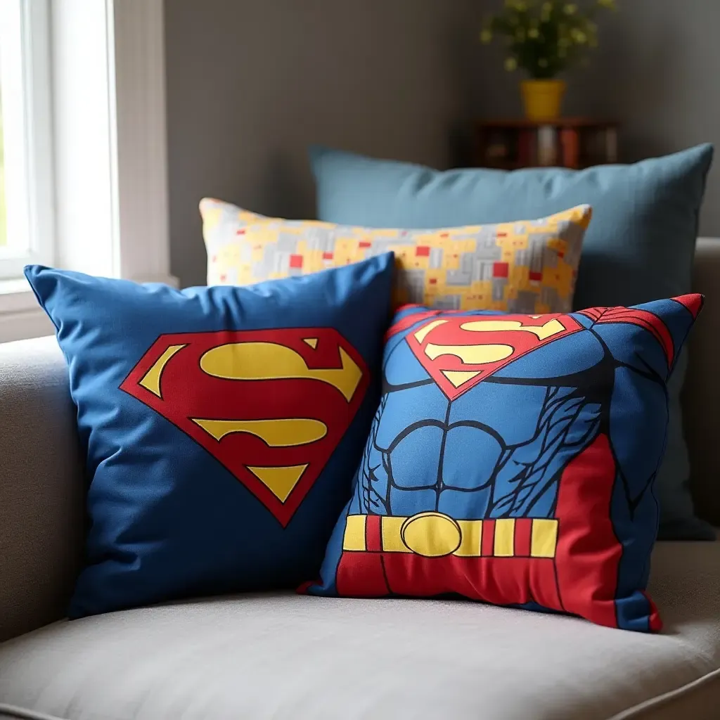 a photo of throw pillows with superhero designs in a boy&#x27;s room