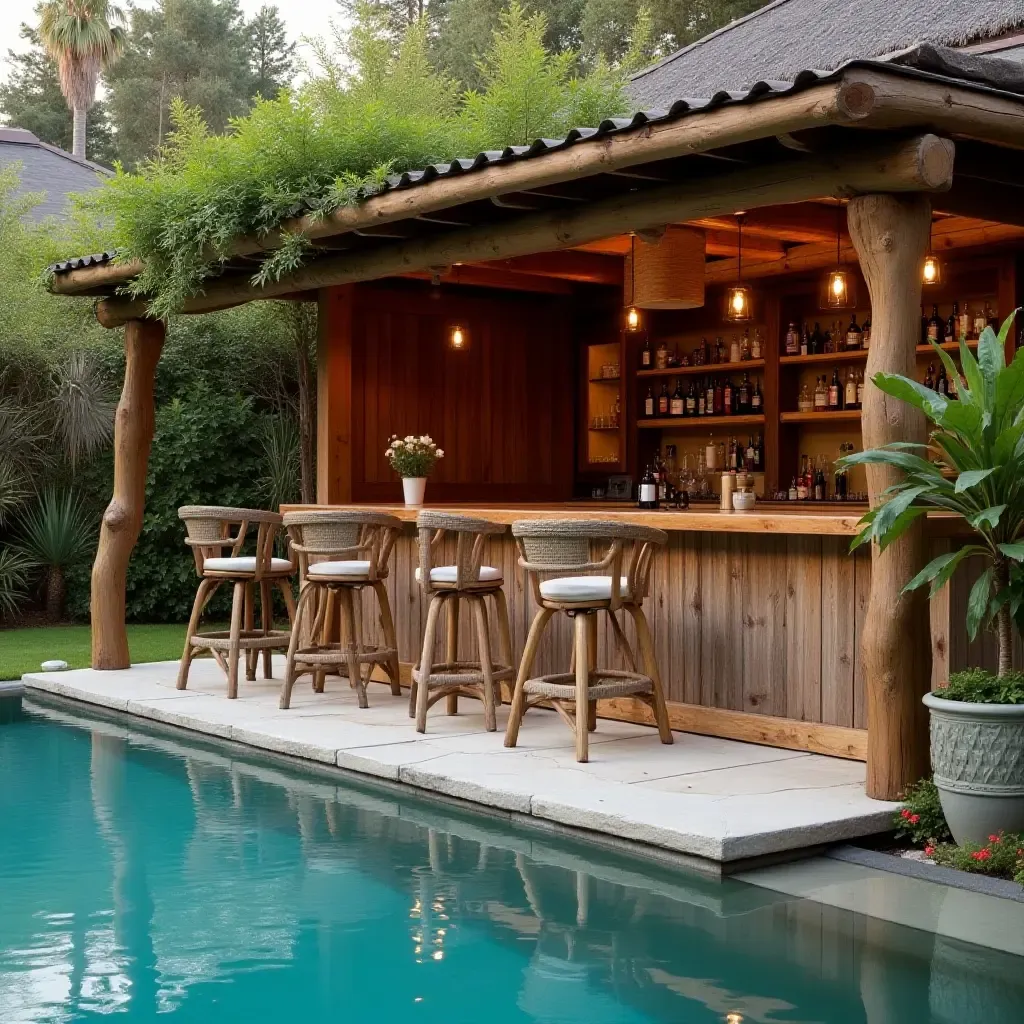 a photo of a rustic wooden bar area by the poolside