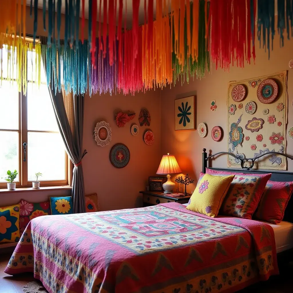 a photo of a vibrant bedroom with colorful papel picado and handmade crafts