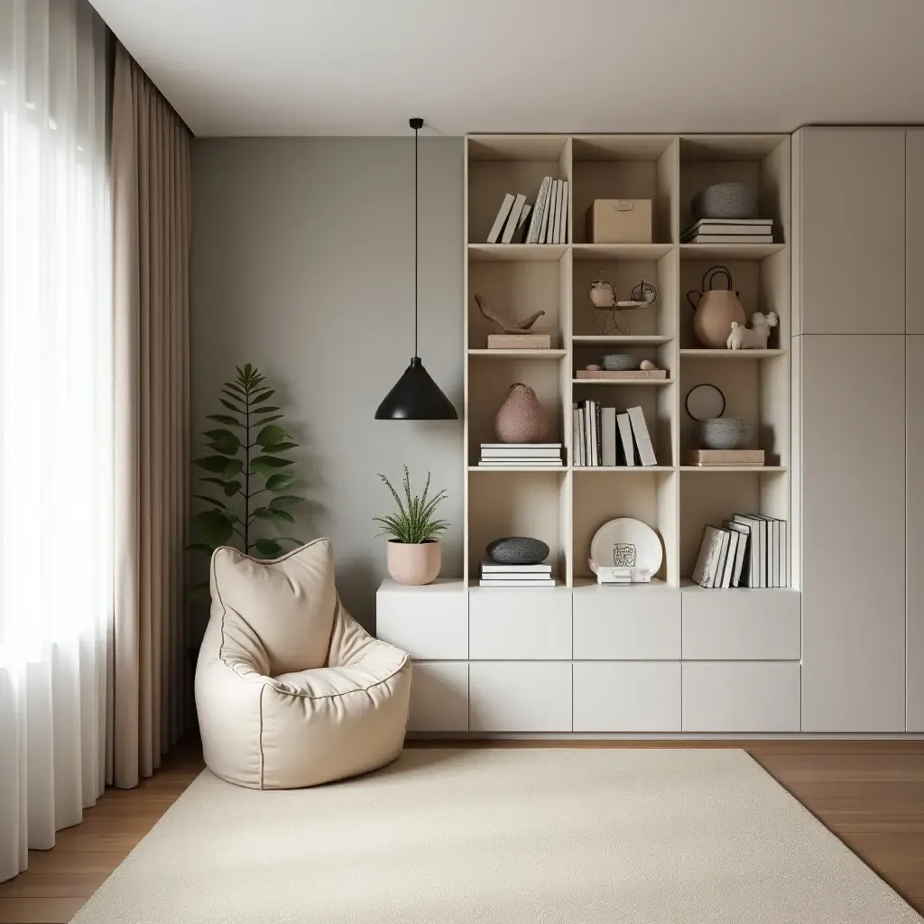 a photo of a sleek kids&#x27; room featuring a wall-mounted bookshelf and a bean bag chair