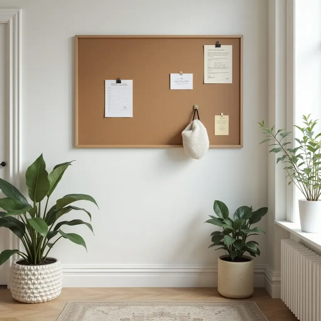 a photo of a stylish room featuring a bulletin board for organization