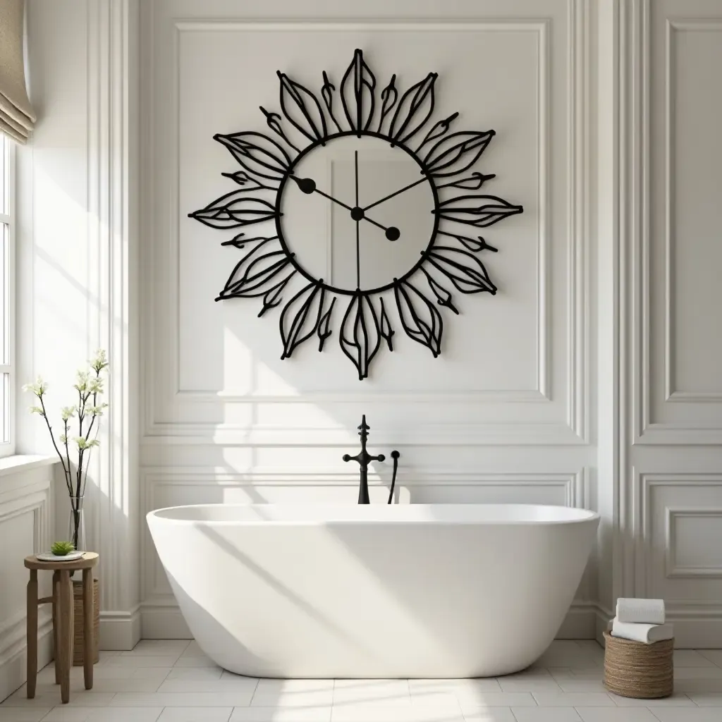 a photo of a bathroom showcasing a decorative wall clock