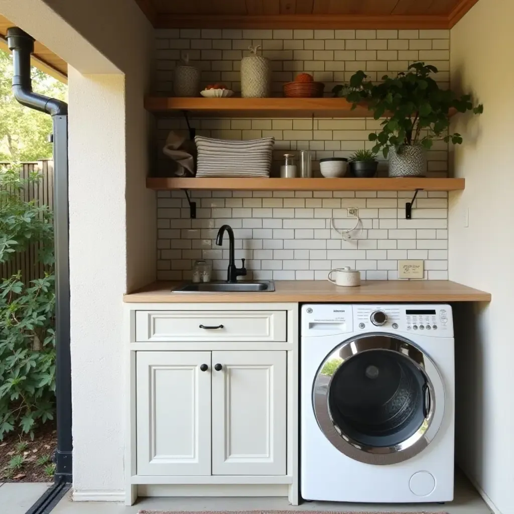 a photo of a charming outdoor laundry area with a tiled backsplash and wooden shelving