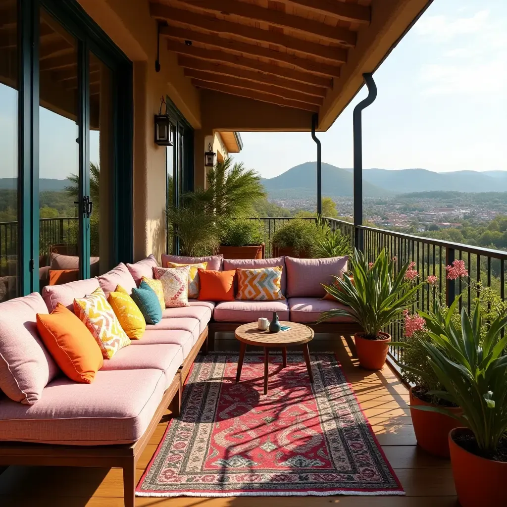 a photo of a colorful balcony with vibrant cushions and a rug