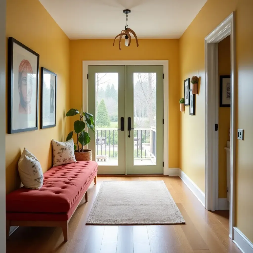 a photo of a cozy entrance hall with a playful reading nook and bright colors