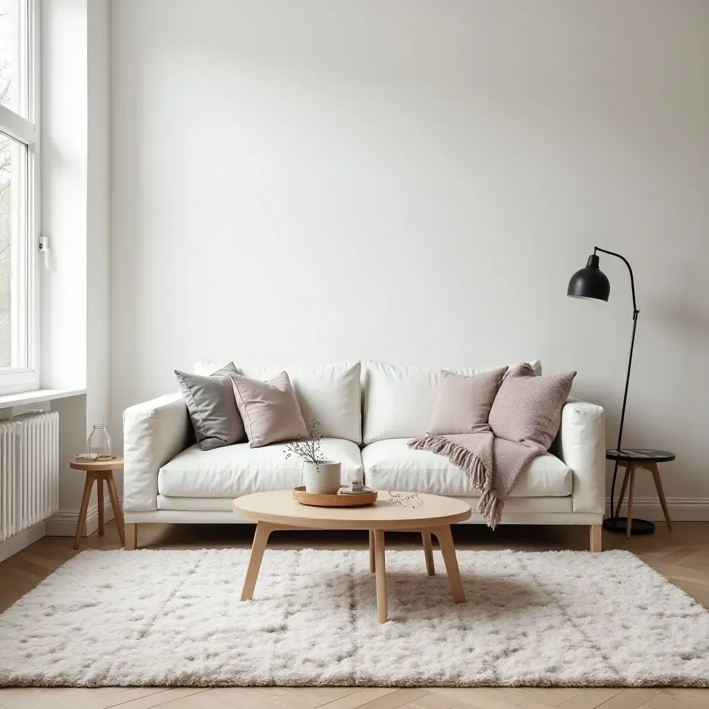 a photo of a chic Scandinavian living room with a large area rug and minimalist furniture