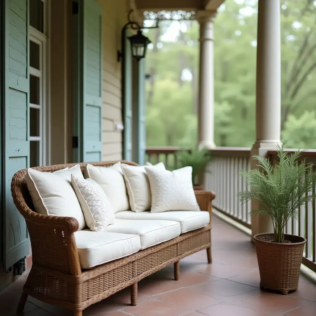 a photo of a vintage balcony with lace-trimmed throw pillows