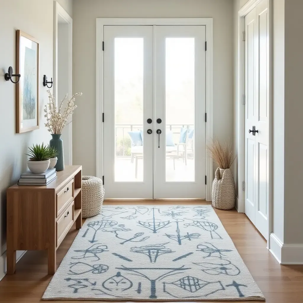 a photo of a nautical-themed rug in a beach house entryway