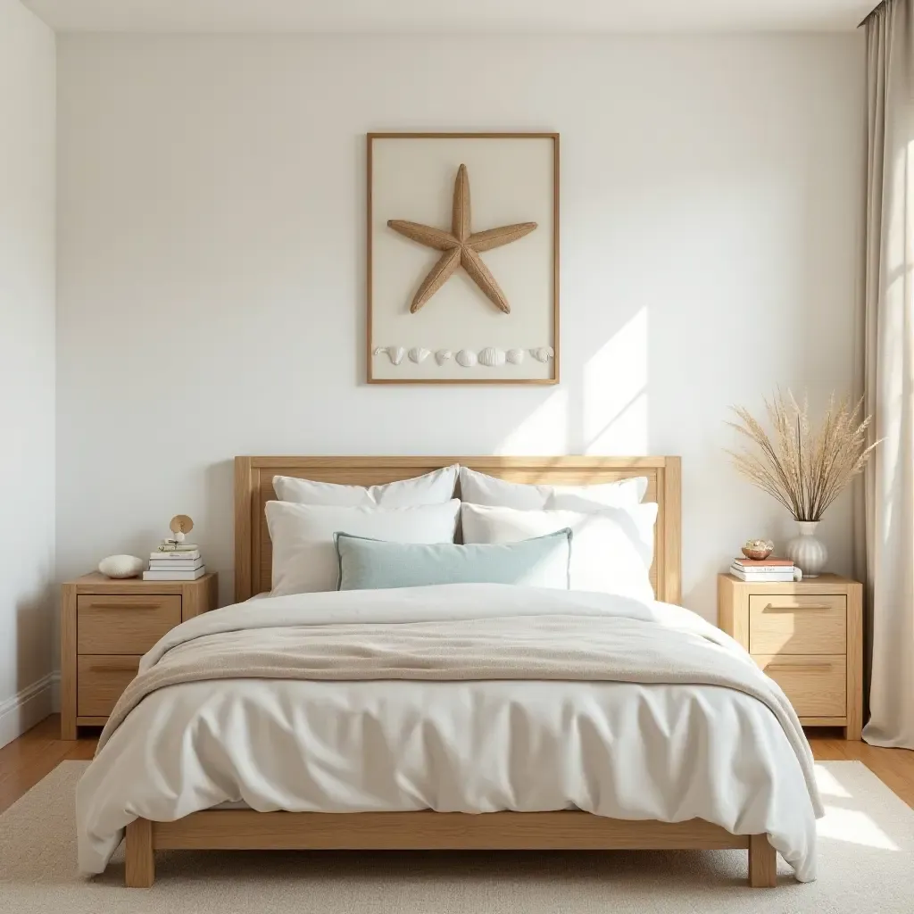 a photo of a beach-inspired bedroom with sand-colored accents and seashell decor