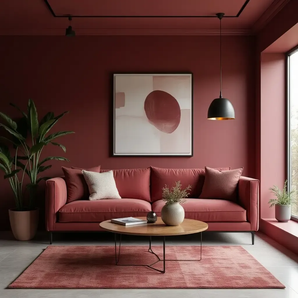 a photo of a maroon living room with stylish geometric patterns and contemporary art