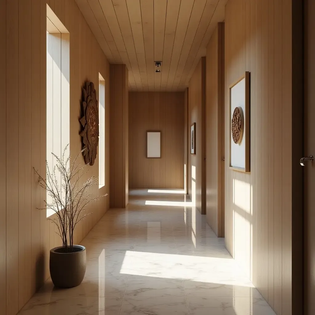 a photo of a corridor featuring wooden artwork and decor