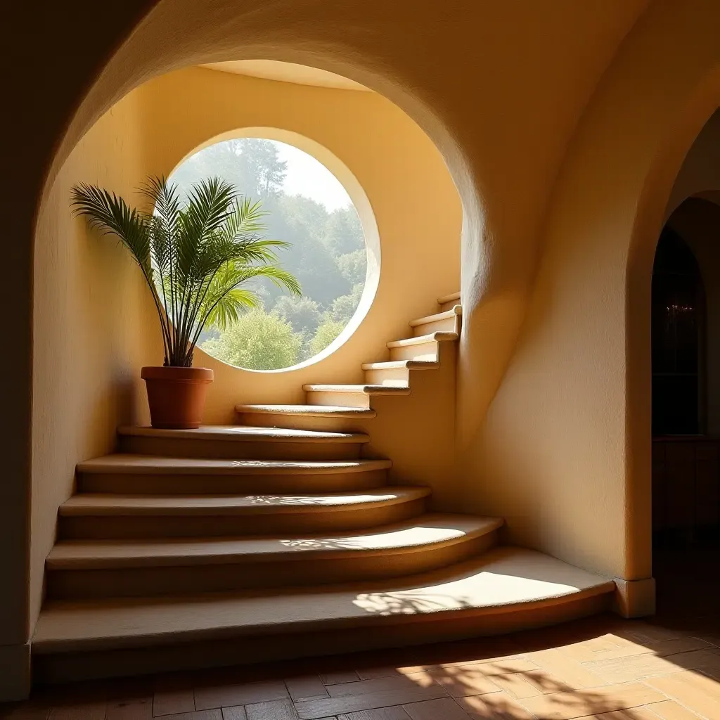 a photo of a whimsical staircase leading to the corridor