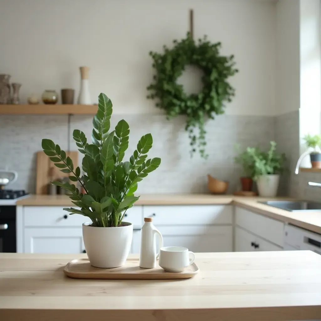 a photo of a chic kitchen with a jade plant centerpiece