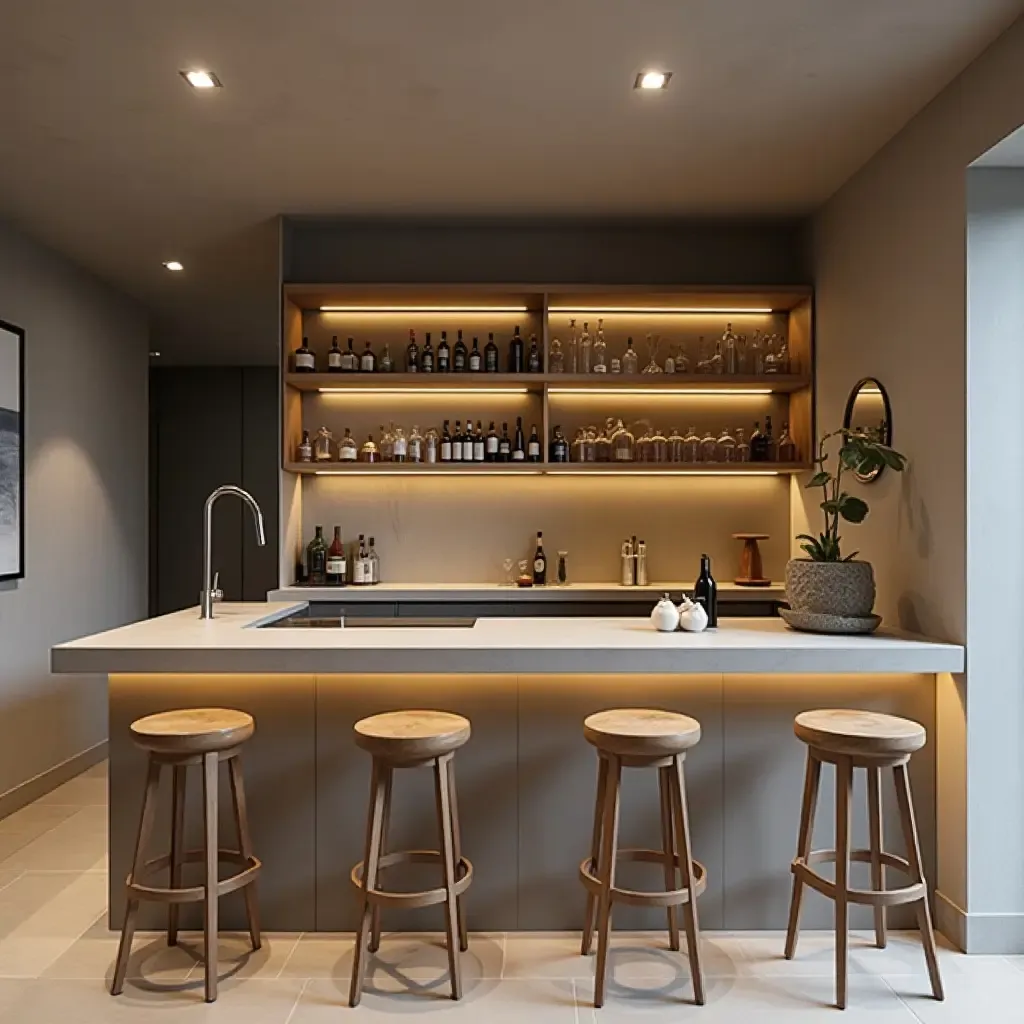 a photo of a minimalist basement bar with a concrete countertop and minimalist decor