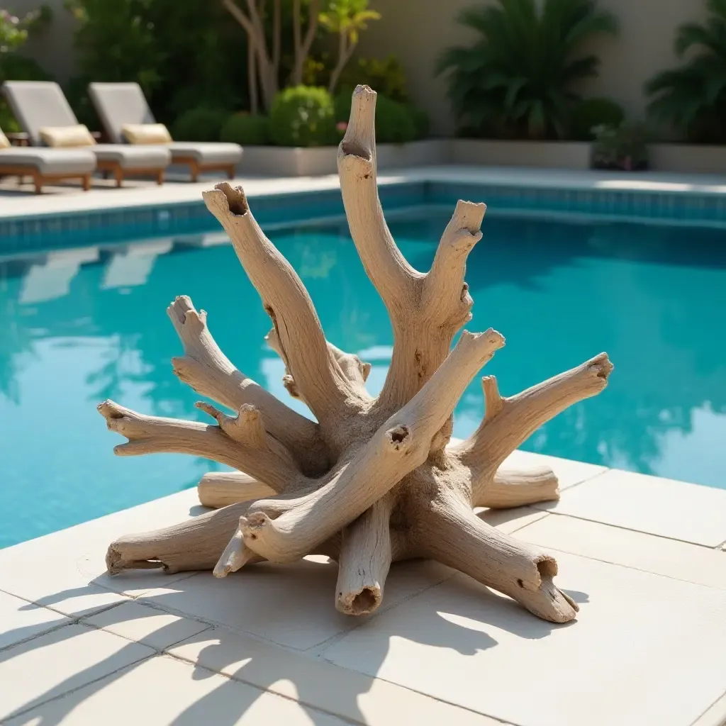 a photo of a decorative driftwood art piece at the poolside