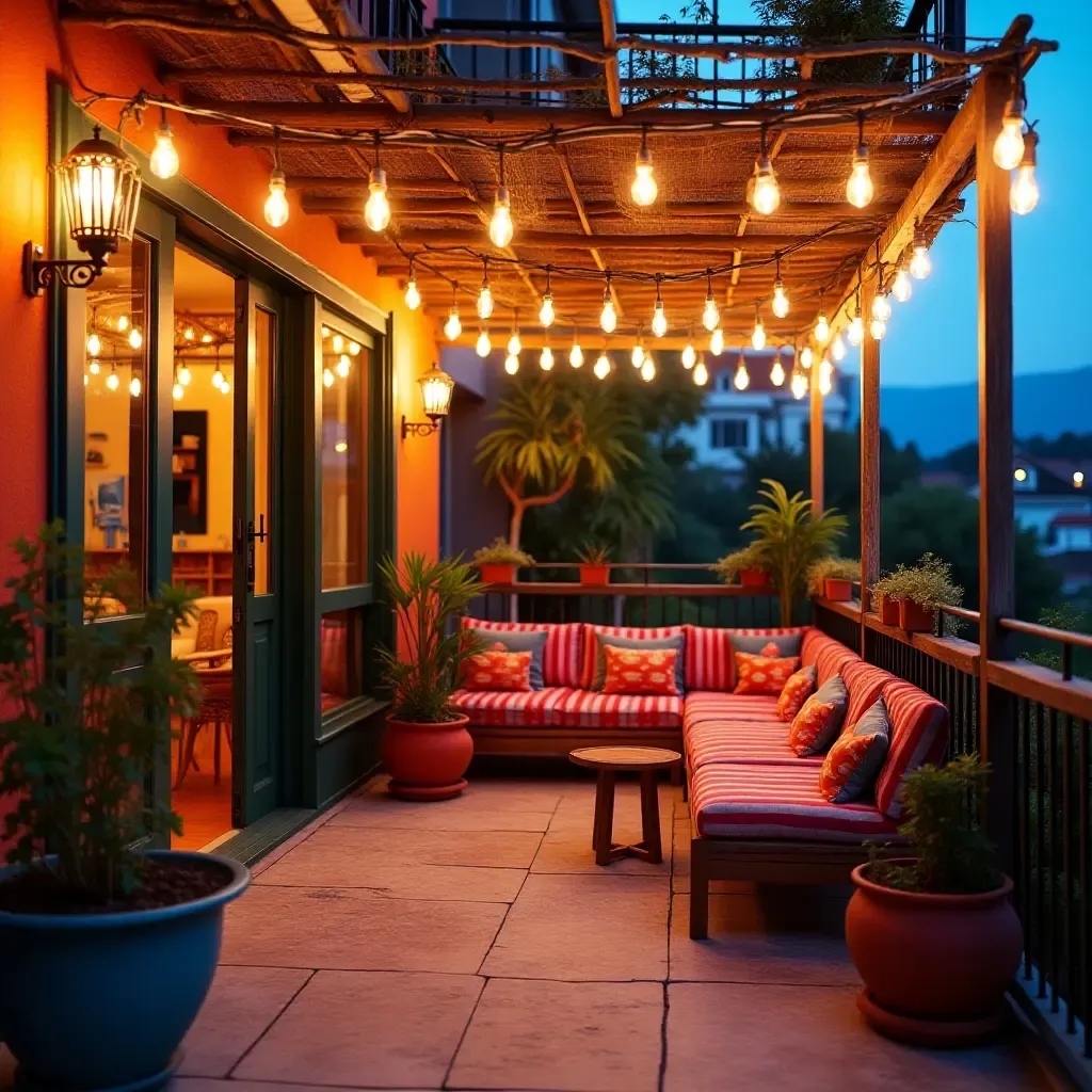 a photo of a vibrant balcony with hanging lights and colorful furniture