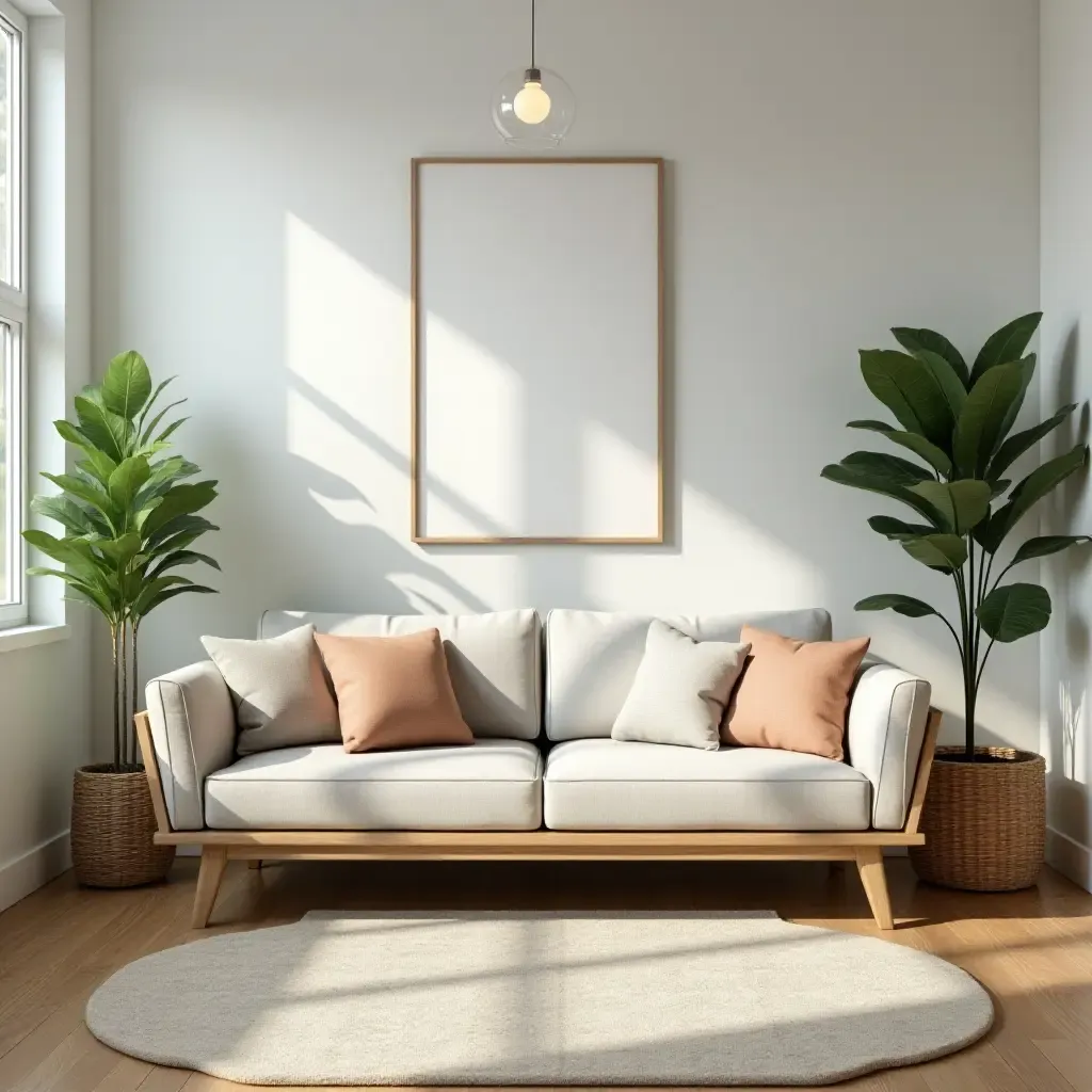 a photo of a bright living room with wooden accents and greenery