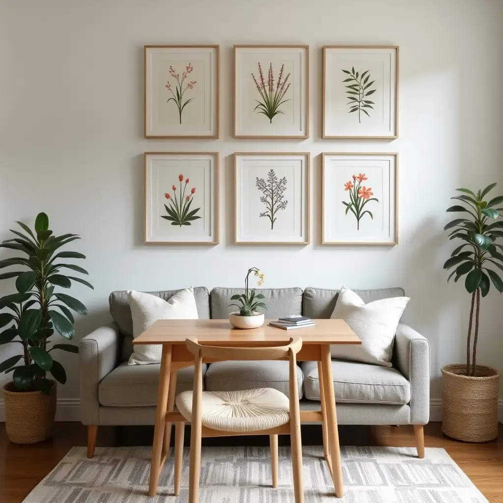 a photo of a quaint space with a collection of botanical prints