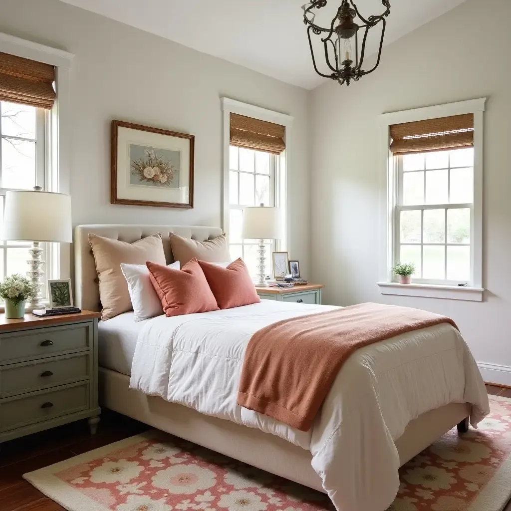 a photo of a bright farmhouse bedroom with cheerful colors and cozy bedding