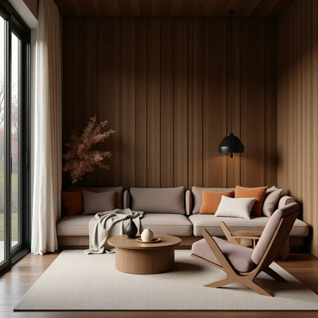 a photo of dark wood furniture contrasted with soft, warm textiles