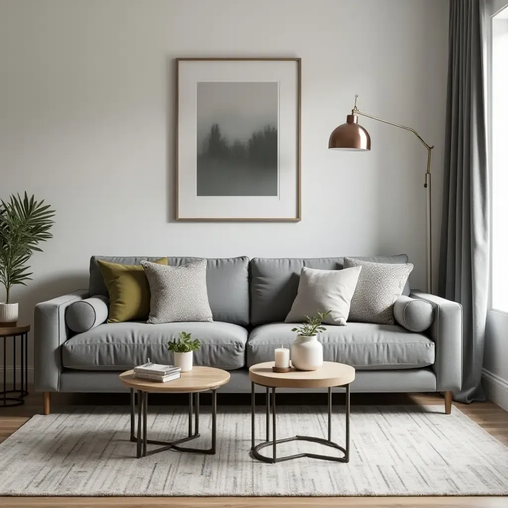 a photo of a grey sofa with a chic coffee table and stylish decor accents