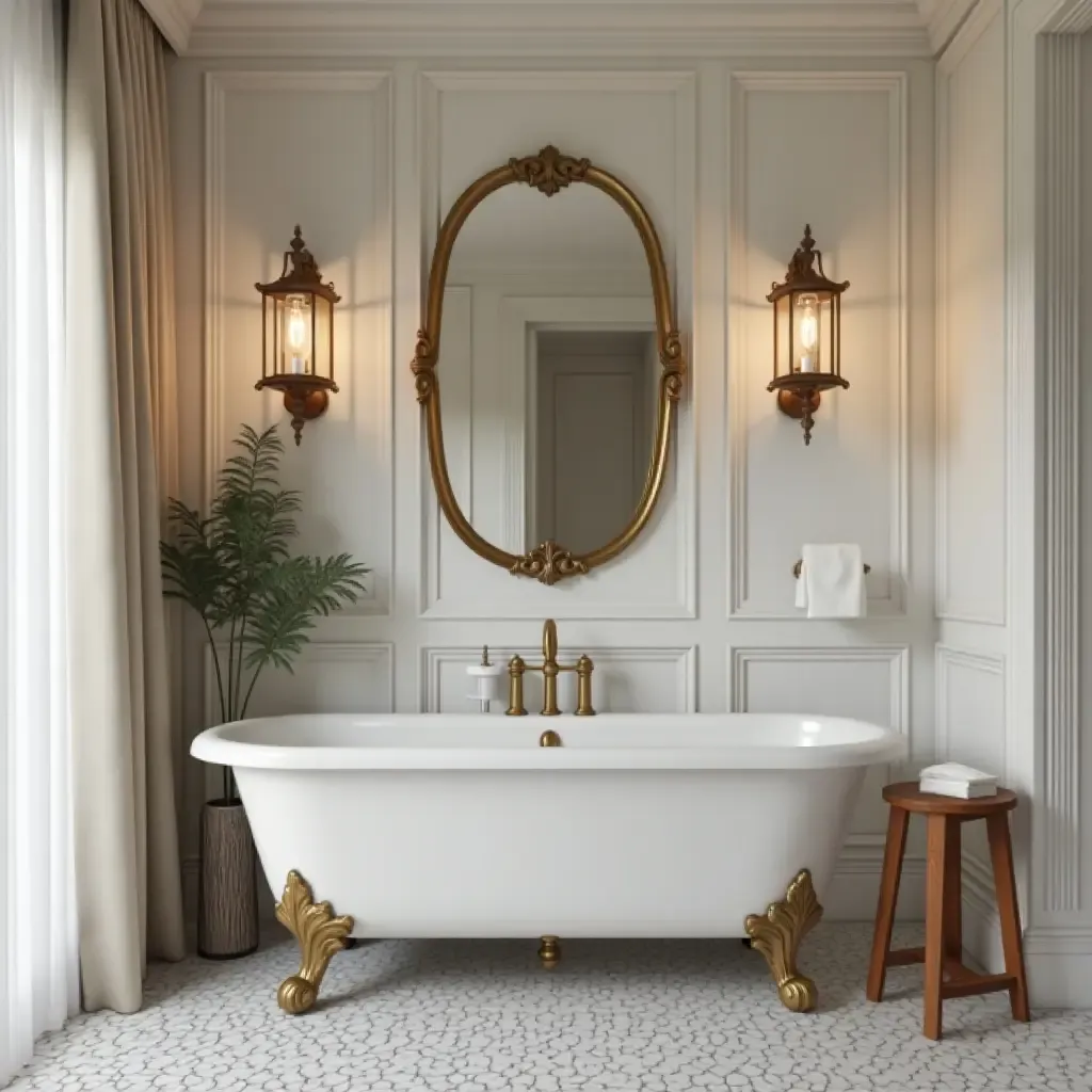 a photo of a classic bathroom with elegant pendant lights in a vintage finish