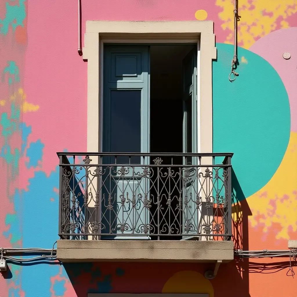 a photo of a balcony featuring a colorful mural created with stencils