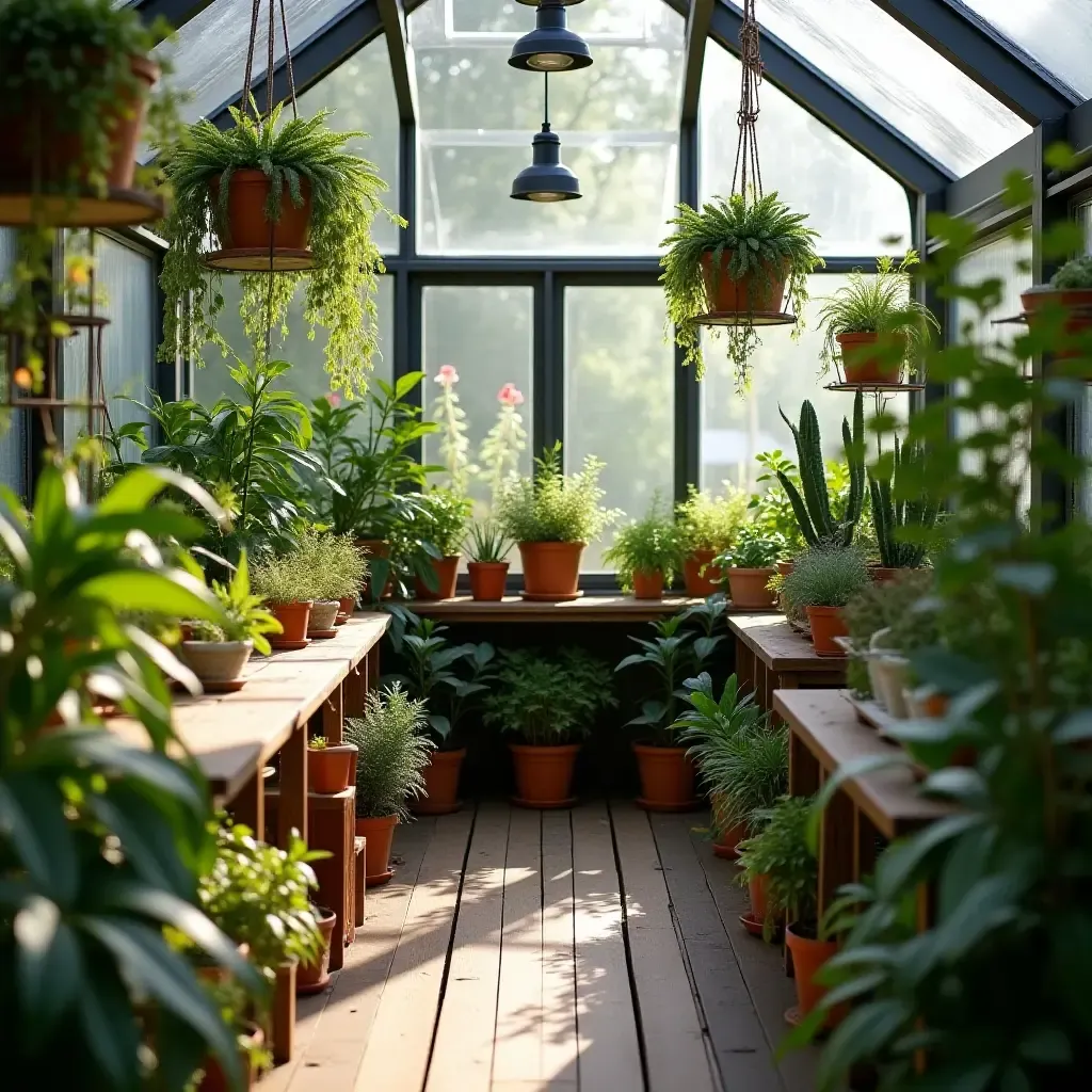 a photo of a nursery with a mix of hanging and tabletop plants