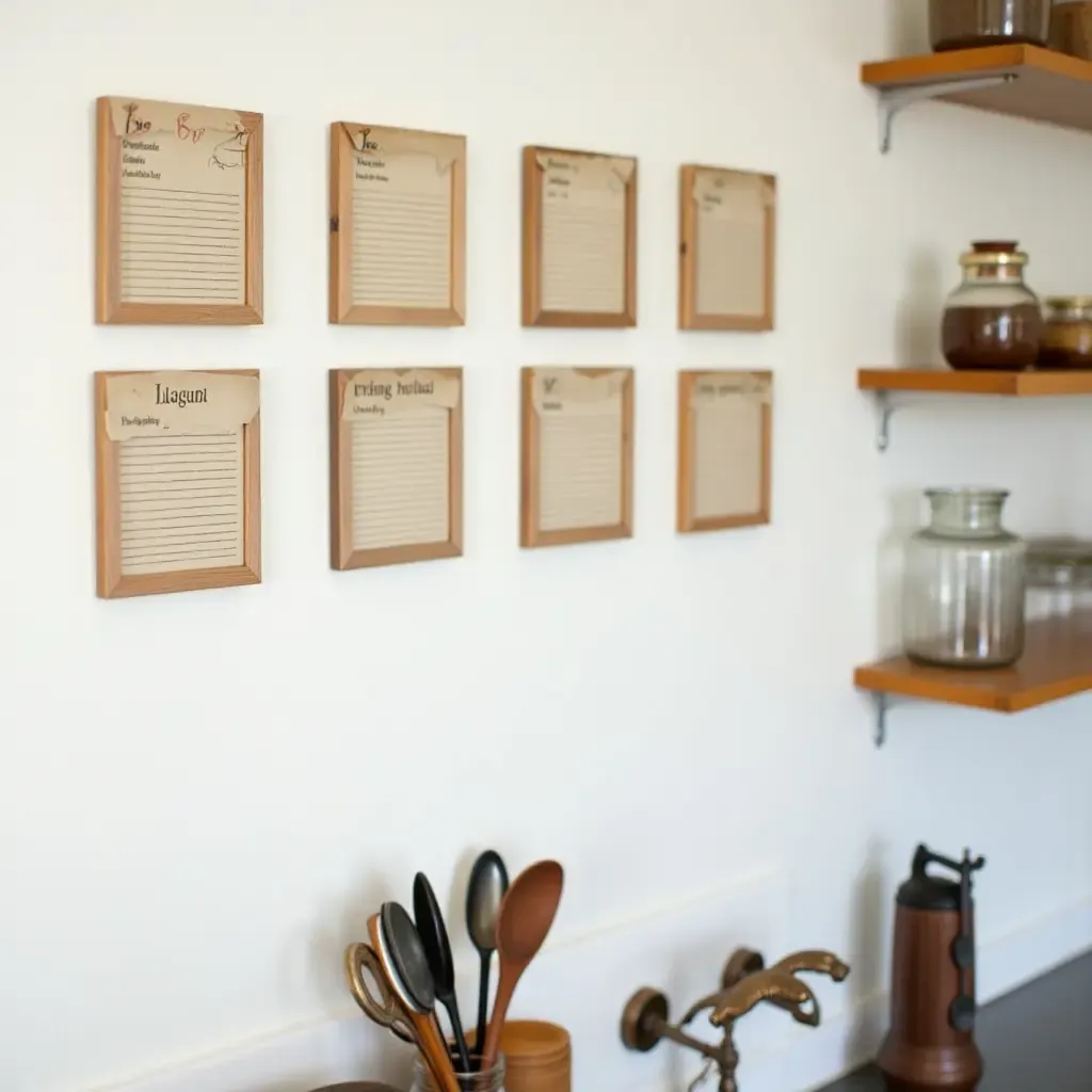 a photo of a series of framed recipe cards on a kitchen wall