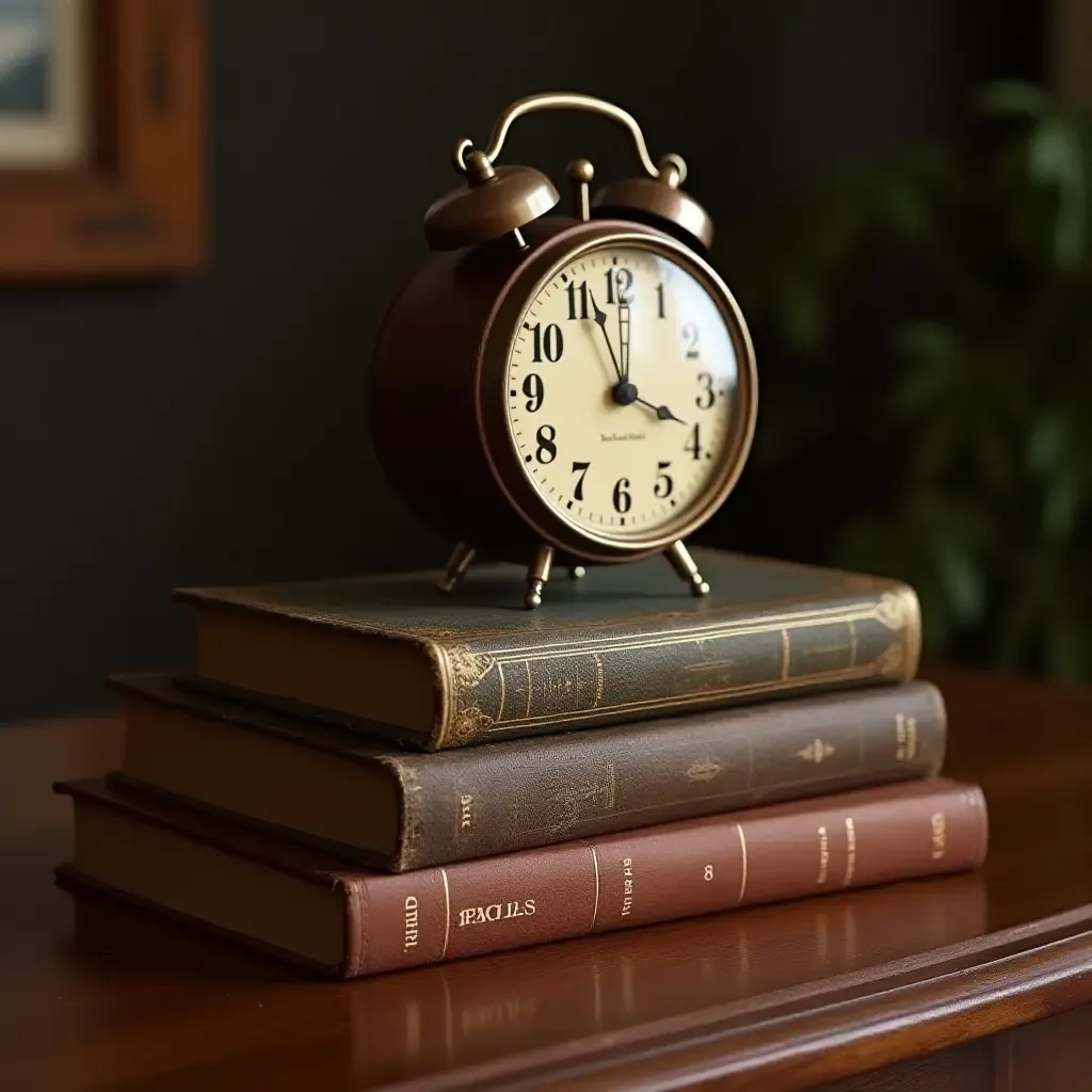 a photo of a vintage coffee table centerpiece featuring antique books and a clock