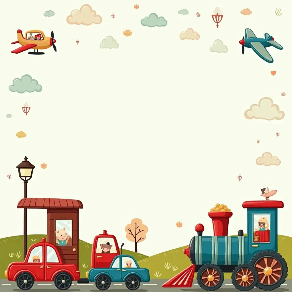 a photo of a fun transportation theme with cars, trains, and planes