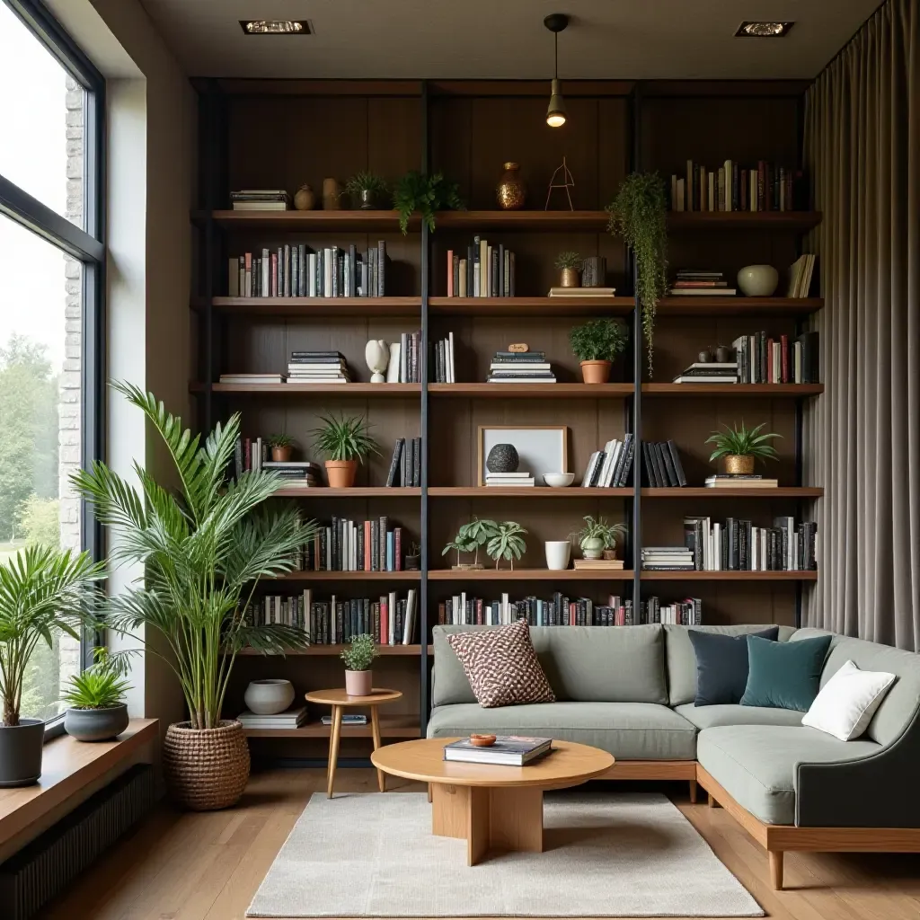 a photo of a small library with floating shelves and plants