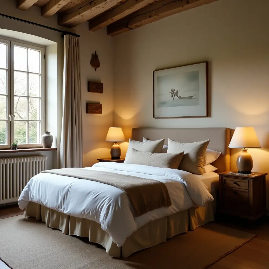 a photo of a rustic brown and cream bedroom with vintage touches