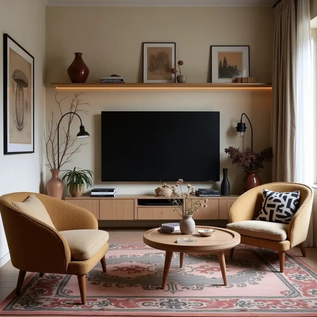 a photo of a bohemian-style small living room with a TV cleverly camouflaged in decor