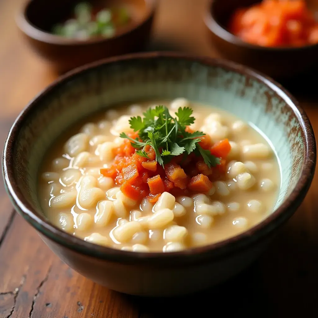 a photo of a traditional Korean rice porridge with savory toppings and a side of kimchi.