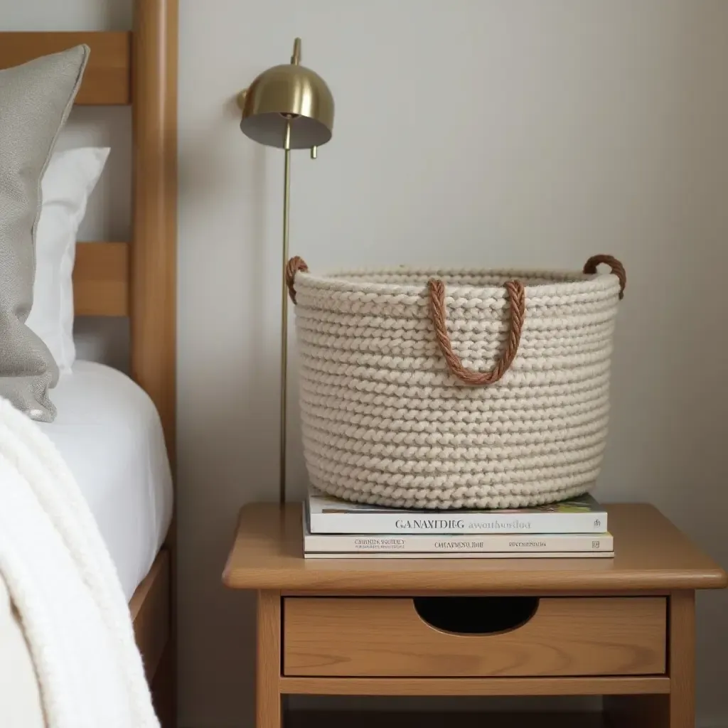 a photo of a nightstand displaying a cozy knitted basket and books