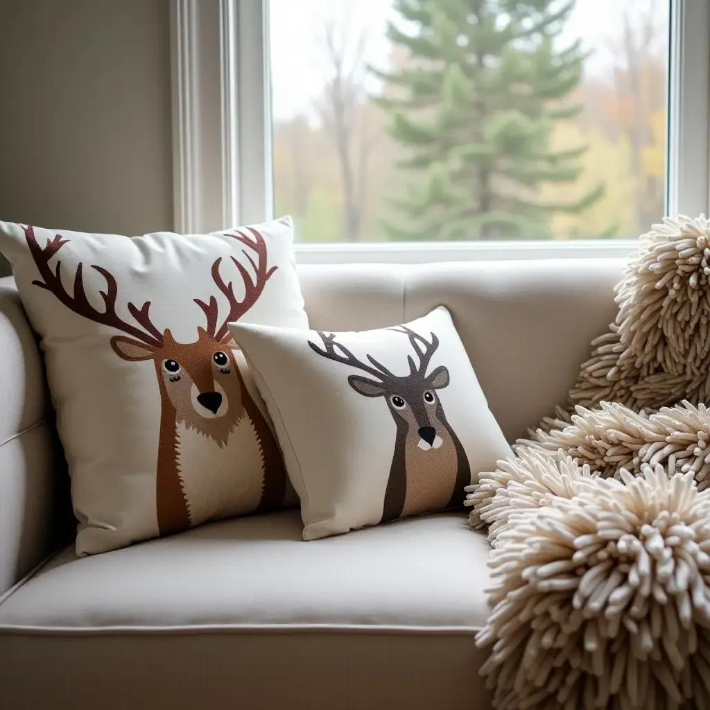 a photo of a cozy nook with forest-themed cushions and a plush throw blanket