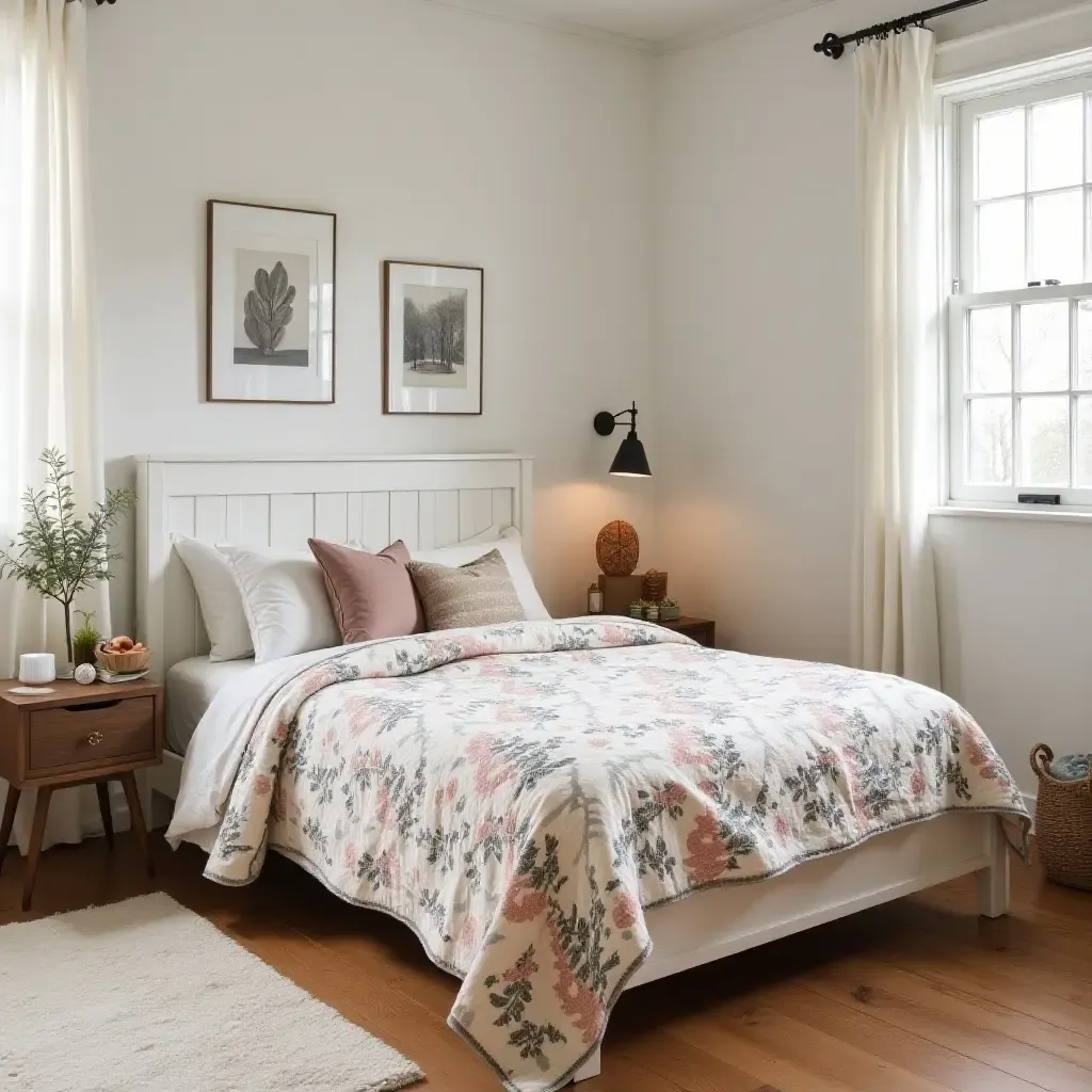 a photo of a cozy nursery with a vintage quilt on a modern bed