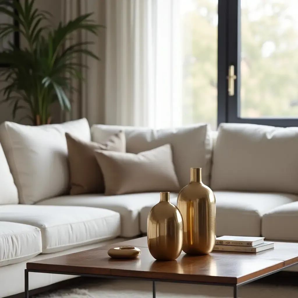 a photo of a chic living room featuring metallic vases on a coffee table